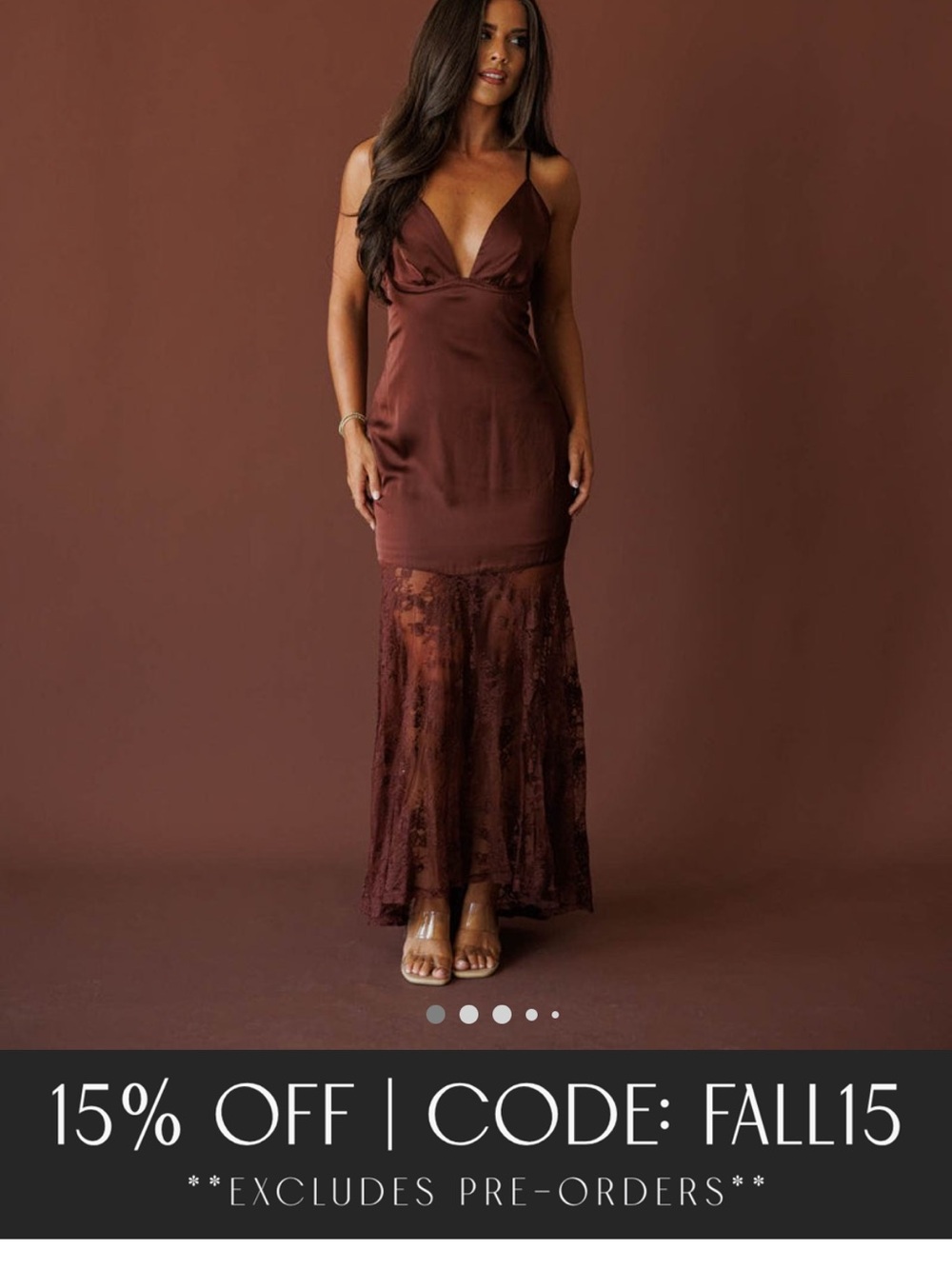 Brown Satin & Lace Maxi Dress with V-Neck